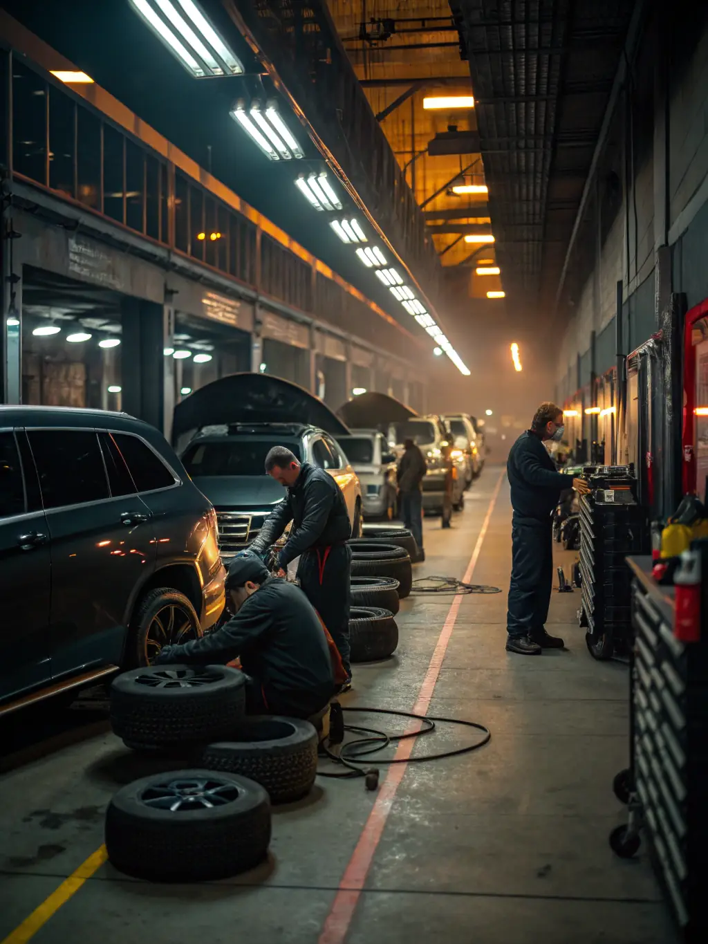 A row of fleet vehicles being serviced at Elite Tire, showcasing the company's capability to handle large fleet accounts efficiently.