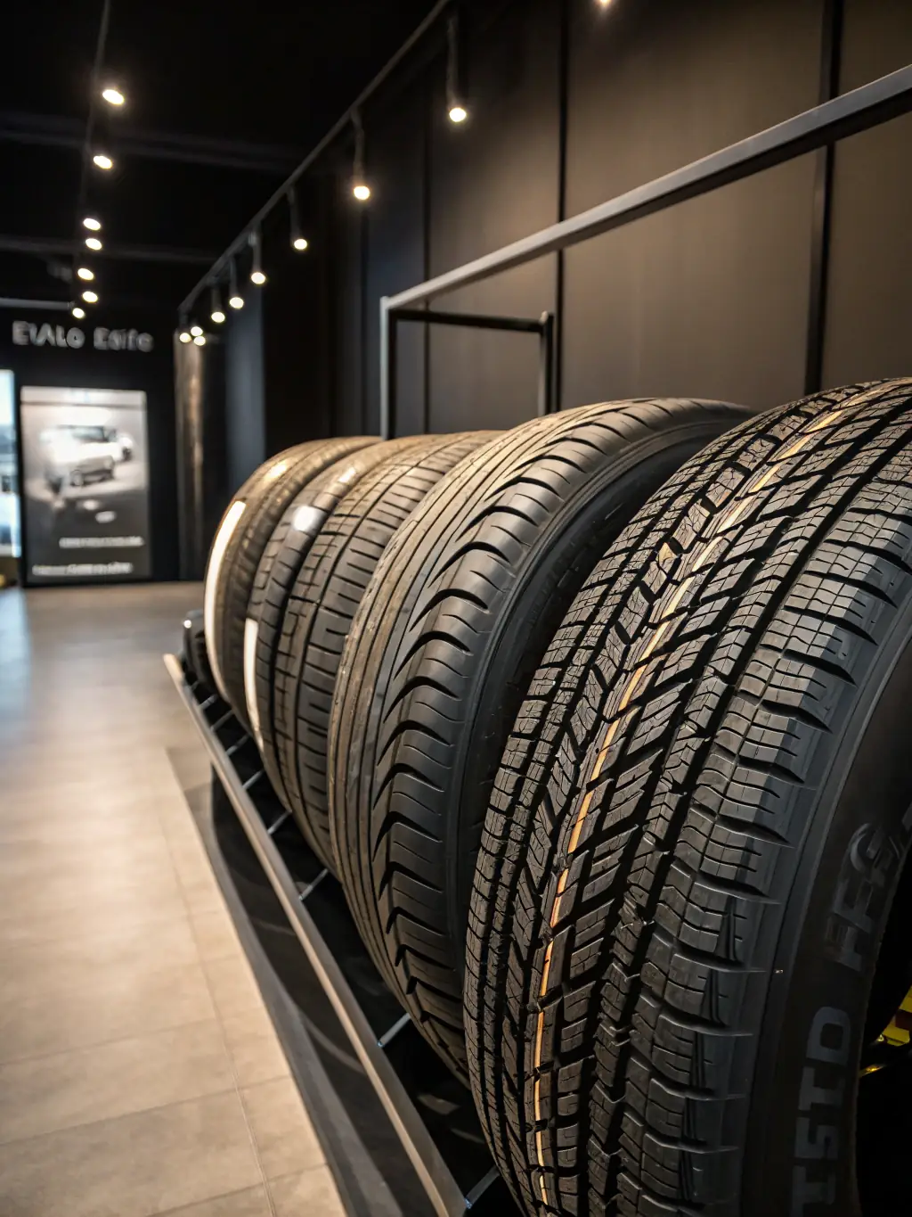 A close-up shot of various tire treads, highlighting the different patterns and brands available at Elite Tire, set in a well-lit showroom.
