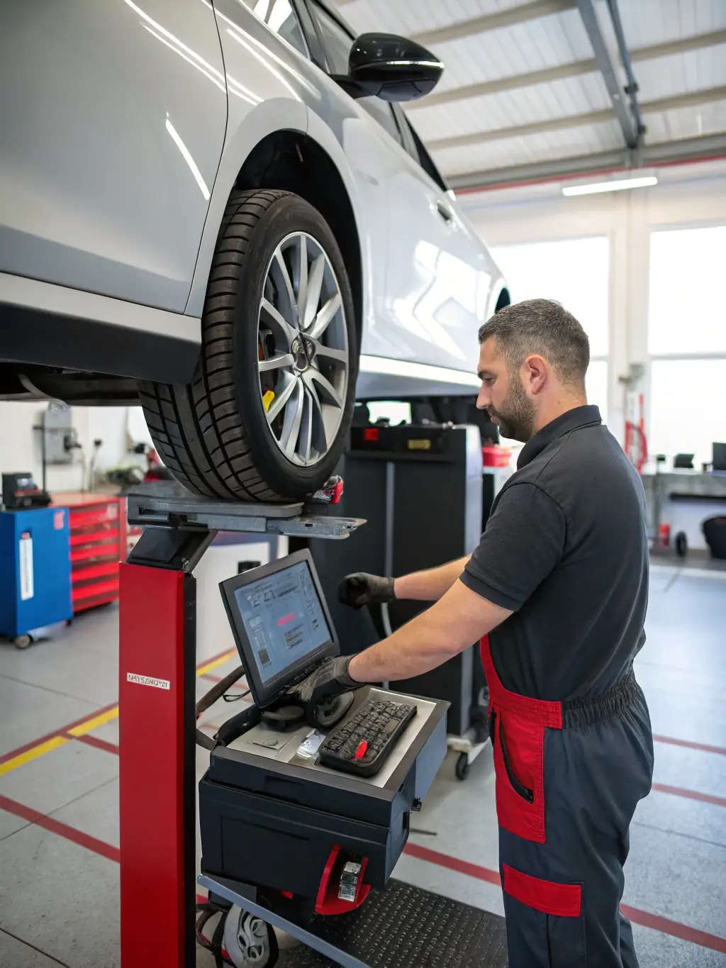 A vehicle undergoing a tire alignment service at Elite Tire, with a technician using precision equipment to ensure proper alignment.