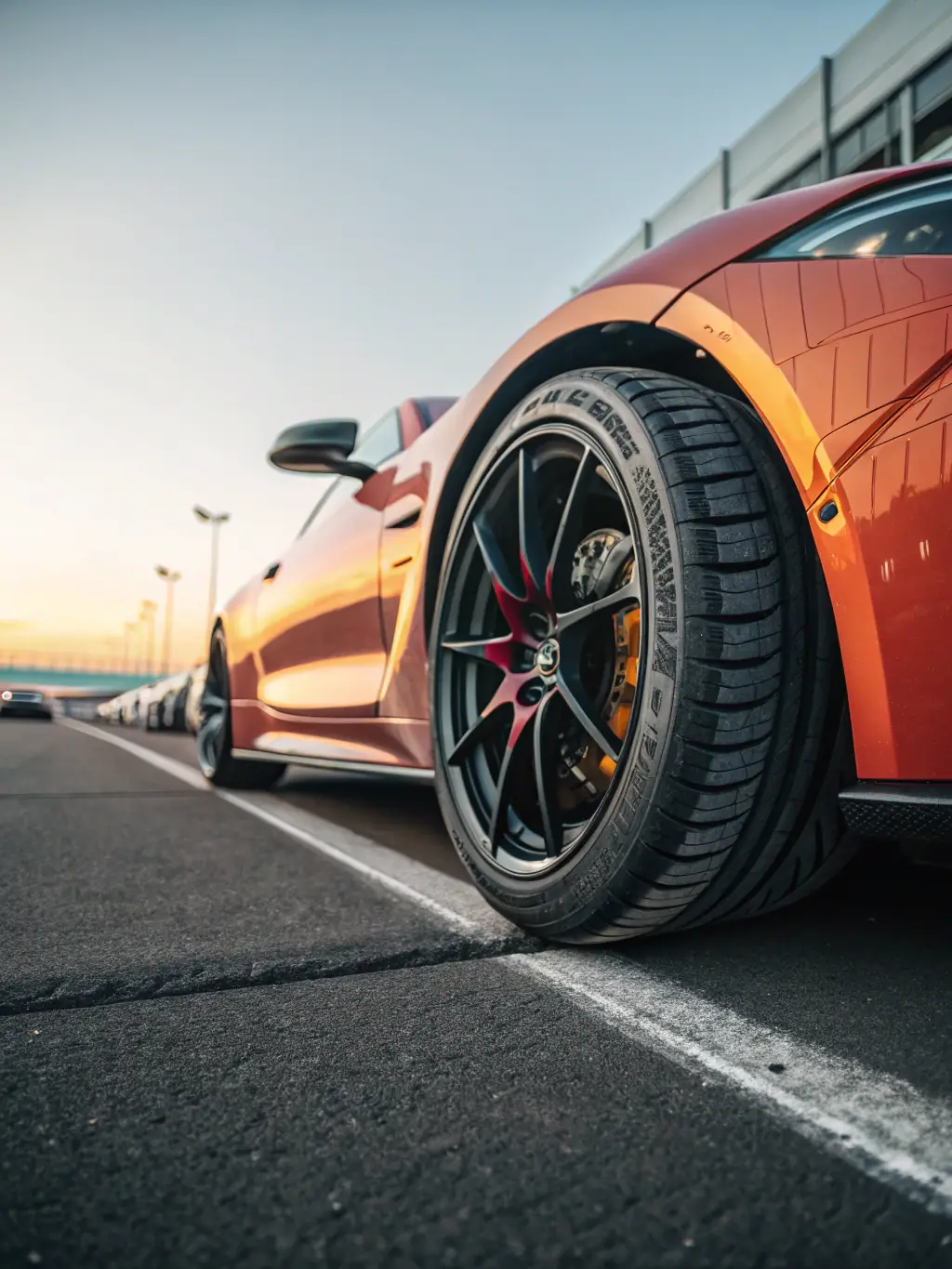 A Bridgestone tire with a sporty car in the background, suggesting high-performance driving.