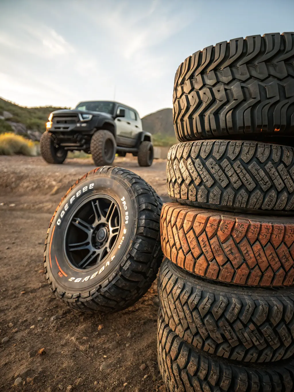 A Goodyear tire mounted on a truck, emphasizing its ruggedness and suitability for off-road conditions.